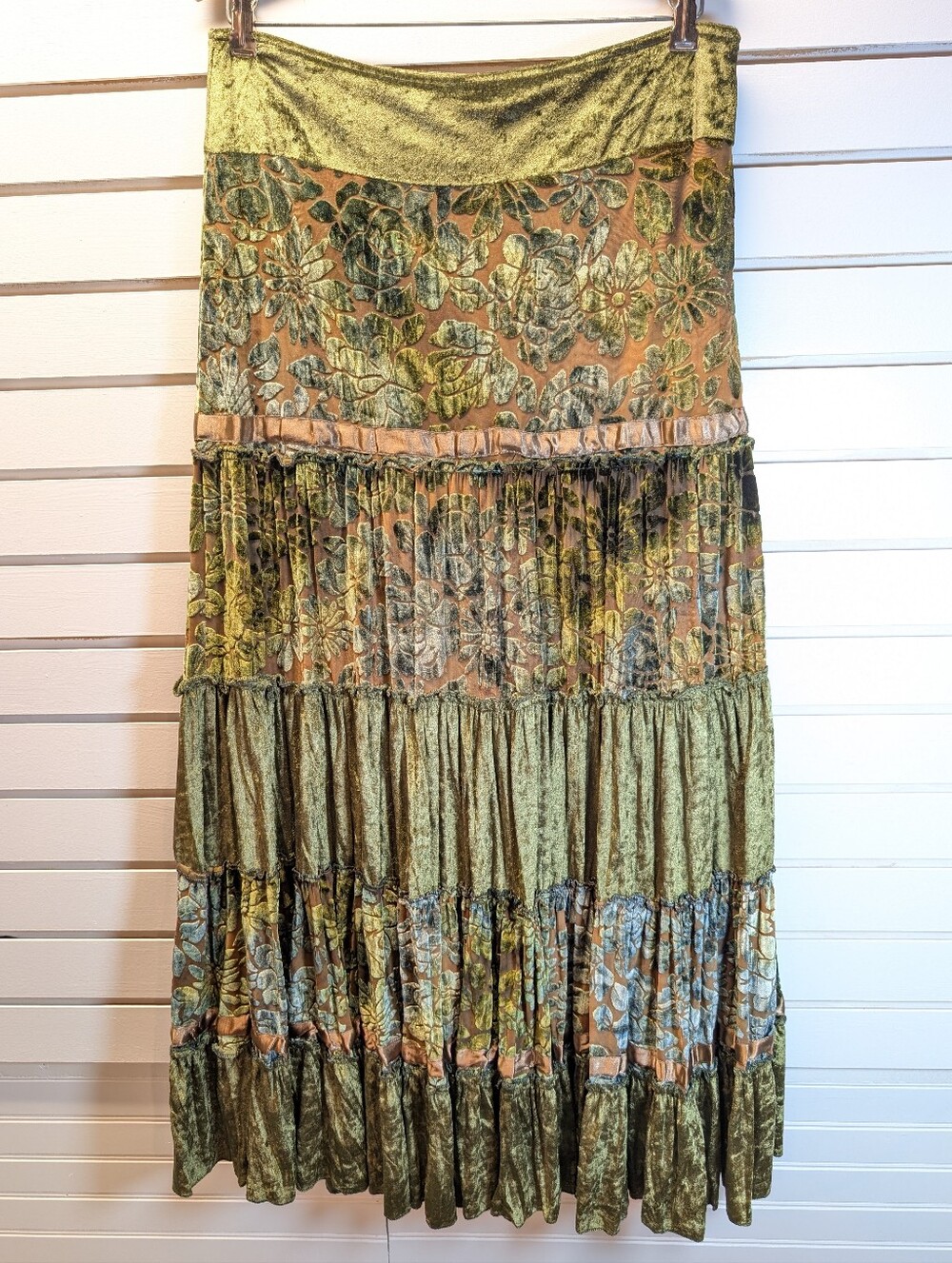 Serpil Velvet Peasant Style Green/Brown Tiered Skirt Size 3 (US 14) EUC